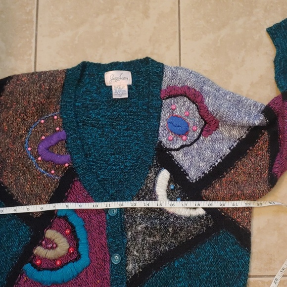 VTG Jaclyn Smith Abstract Chunky Knit Cardigan Patchwork Sweater Women's Size L - Picture 3 of 5